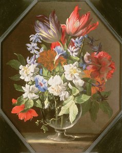 Un vase de fleurs sur un rebord de pierre contenant des tulipes, des chrysanthèmes, des dahlias et des narcisses, XVIIe siècle